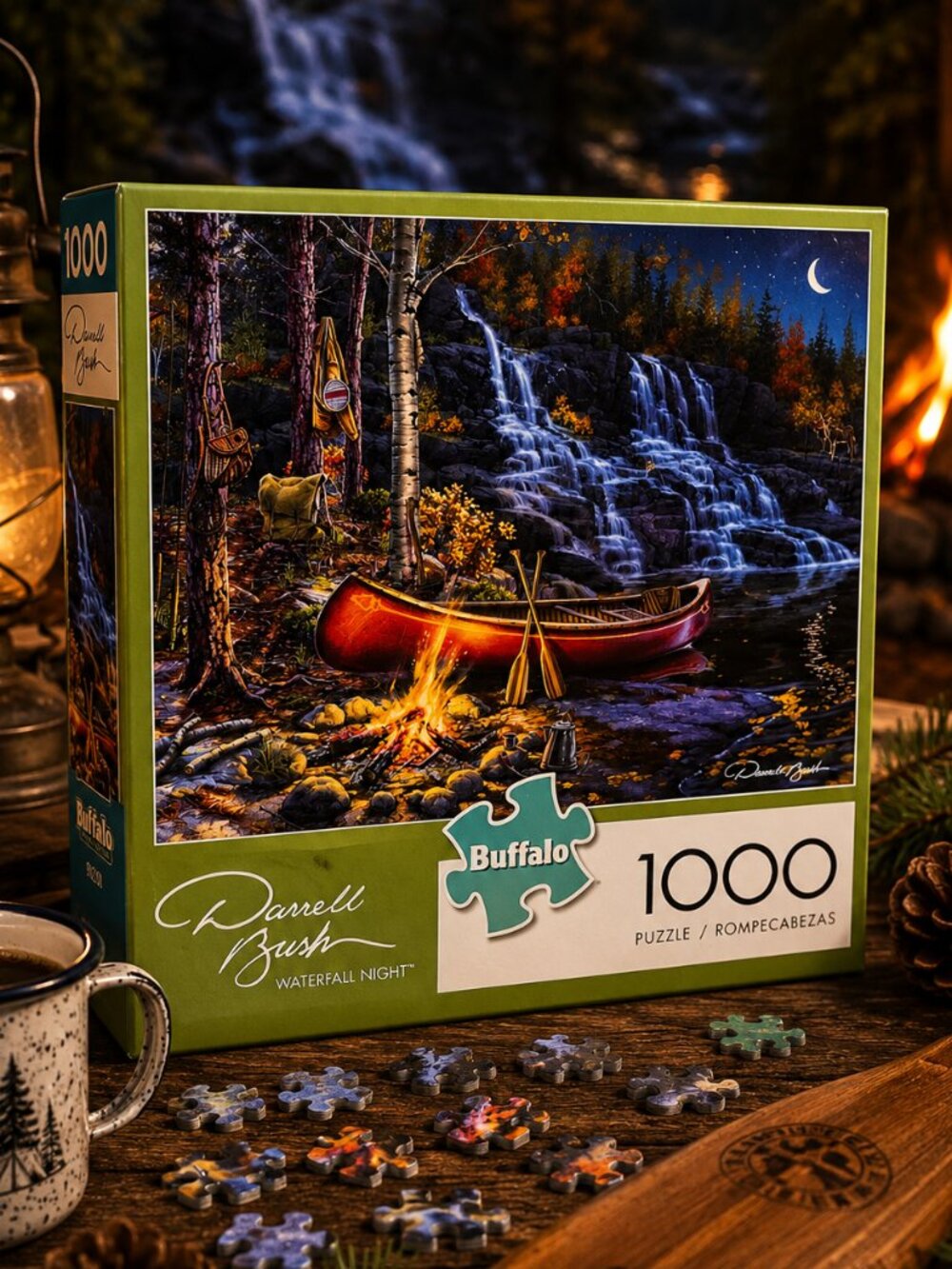 Buffalo Darrell Bush Waterfall Night 1000 Piece Jigsaw Puzzle Canoe Campfire